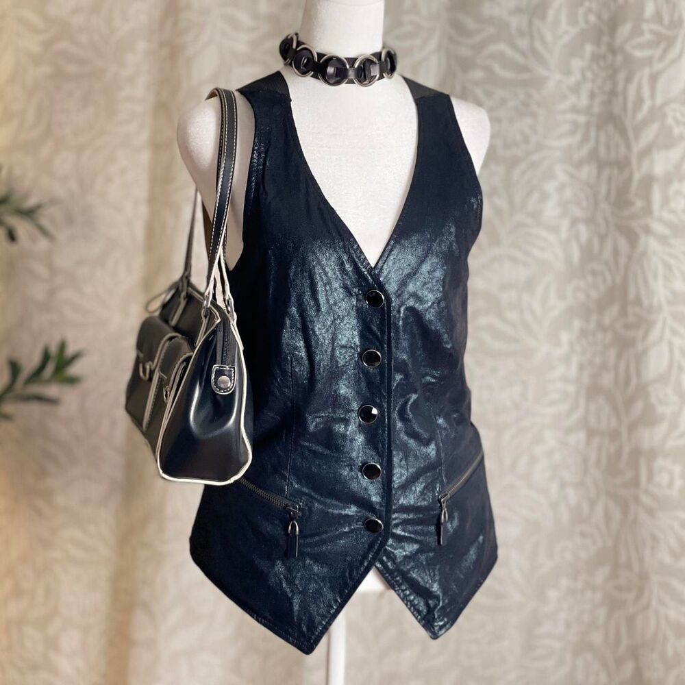 NWOT Royal Underground Black Metallic Leather Button Front Lace Back Vest Sz XS